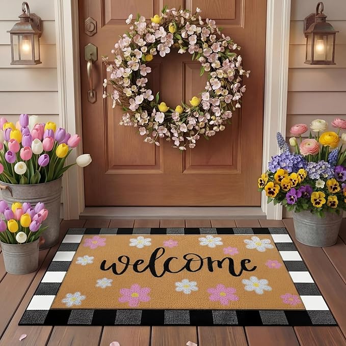 Tinideya 2 Pcs Spring Door Mat Outdoor Layerd Pink Flower Welcome Mat
