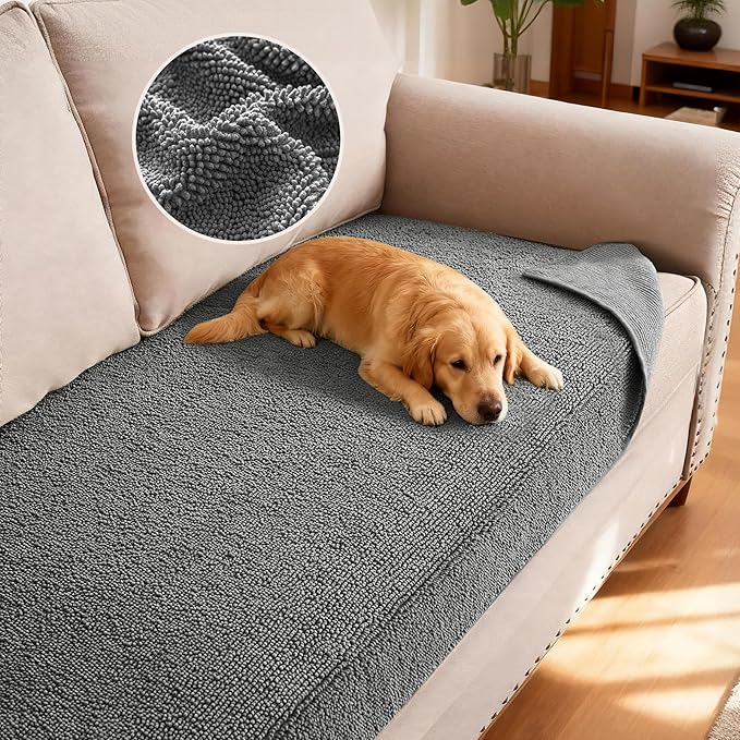 H.VERSAILTEX Non Slip Pet Couch Cover Chenille Dog Bed Protector Thick Soft Sofa Slipcover Pet Friendly Washable Couch Cushion Covers for Pets (30" x 53", Gray)