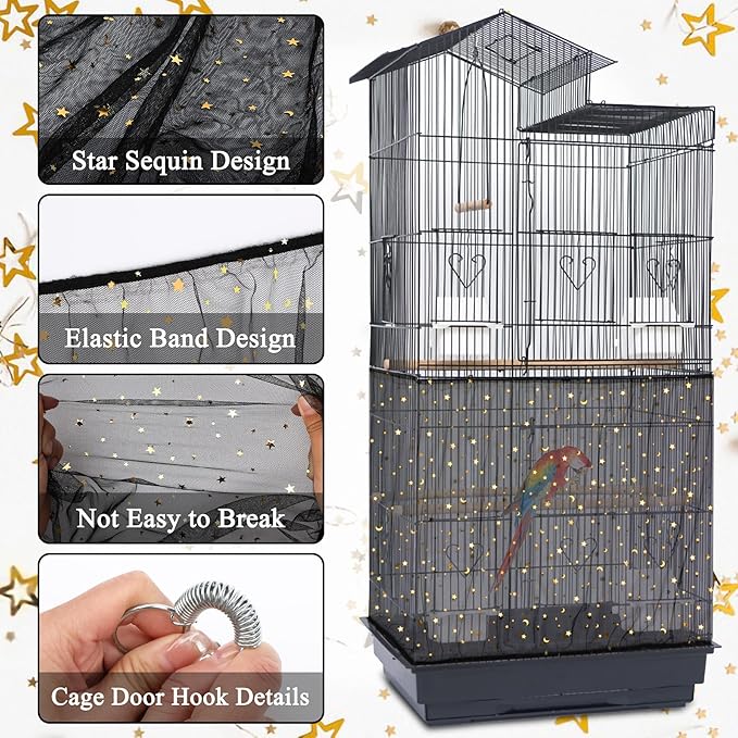 JULMELON 2 Pcs Bird Cage Seed Catcher Adjustable Netting Cover with Hooks