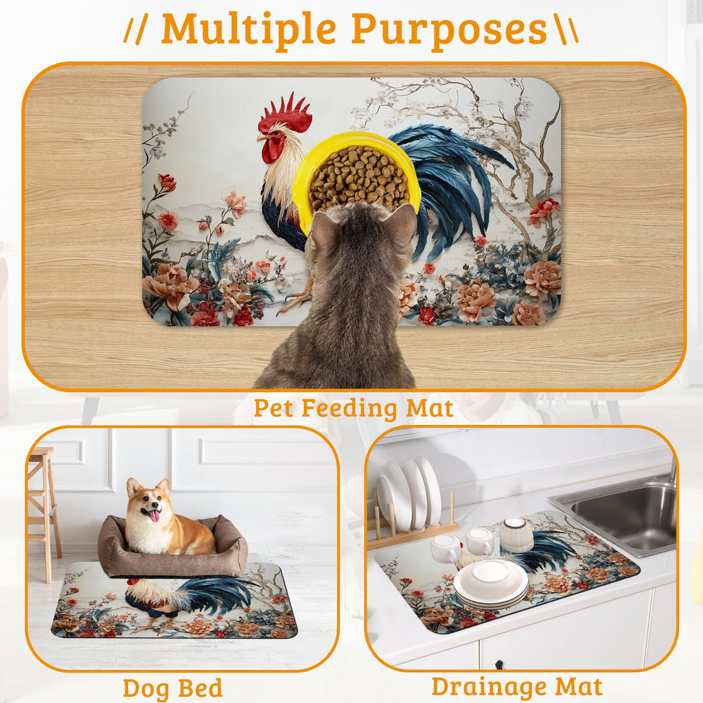 Dog Bowl Mat,Chicken Painting Pet Feeding Mat for Floors Waterproof,Flowers Absorbent Dogs Placemat for Food and Water Quick Dry Pet Cat Feeding Mats with Non Slip Bottom 16" x 24"