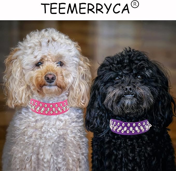 TEEMERRYCA Adjustable PU Leather Spiked Studded Dog Collars with a Squeak Ball Gift for Small Medium Large Pets Like Cats/Pit Bull/Bulldog/Pugs/Husky, Hot Pink, XXL 19.7"-22.4"