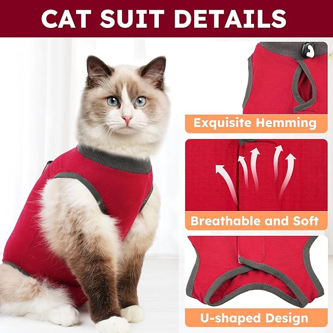 Hpetppy Cat Recovery Suit, Breathable Cat Surgery Recovery Suit Female, Kitten Onesie for After Surgery Spay Surgical Abdominal Wound Skin Diseases Cone of Shame Alternative (Red,S)