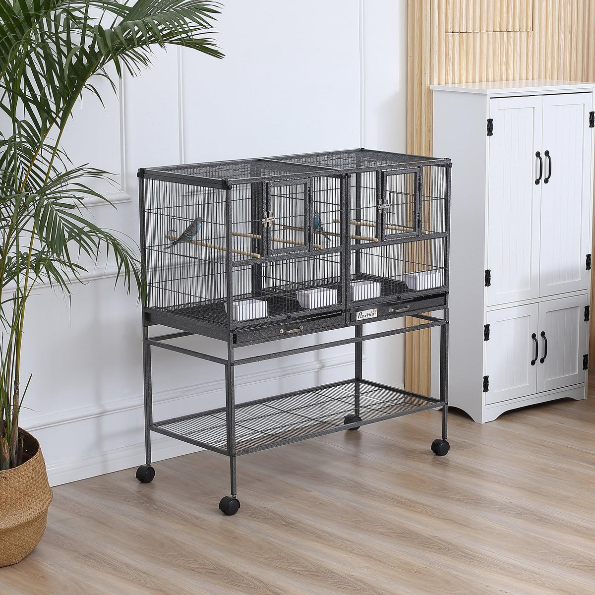 PawHut Divided Breeder Bird Cage with Rolling Stand Removable Metal Tray