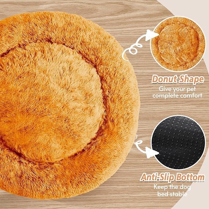 JOLLYVOGUE Calming Dog Bed Large Size Dog, Anti-Anxiety Donut Large Pet Bed, 36 inches Fluffy Faux Fur Round Cat Bed, Fits up to 75 lbs Pets (Orange)