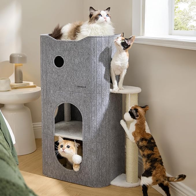 Bedsure 3-Level Cat Tree for Indoor Cats with Scratching Post,Grey