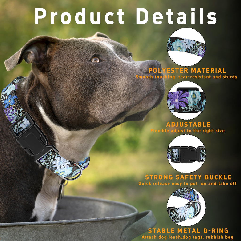 Seyezo Dog Collar, Floral Puppy Collar for Boys Girls, Purple Floral, L