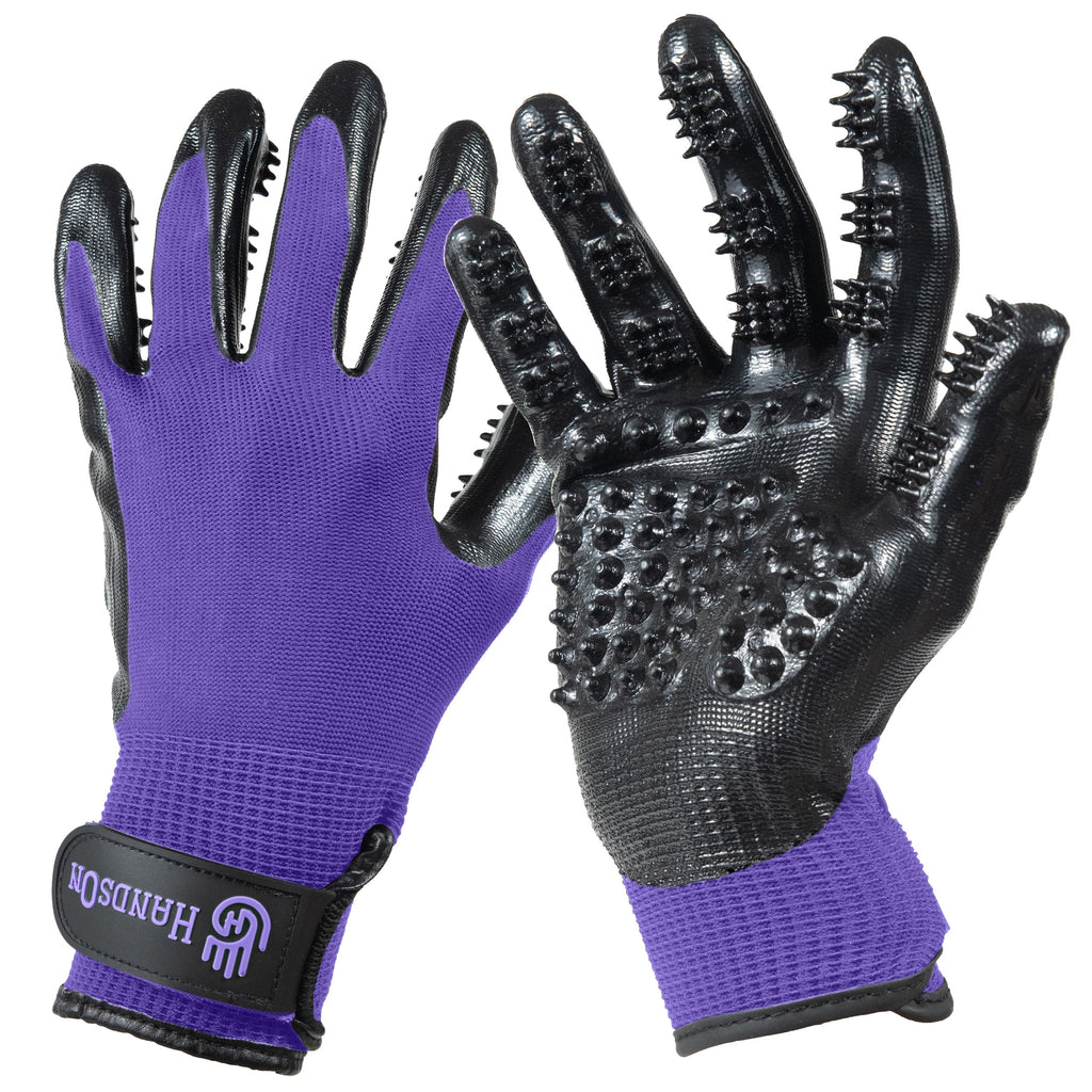 H HANDSON Pet Grooming Gloves - Patented #1 Ranked, Award Winning Shedding, Bathing, & Hair Remover Gloves - Gentle Brush for Cats, Dogs, and Horses (Purple, Large)
