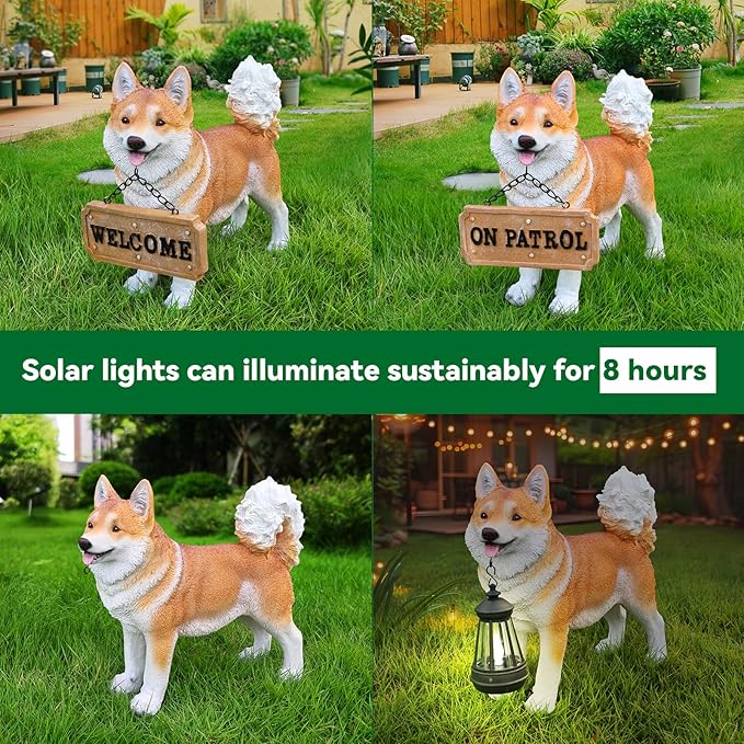 UNOIRNM Akita Statue Outdoor Decorations – Dog Statues Outdoor Standing Yellow Akita with Replaceable Solar Light & Welcome Sign for Porch Décor