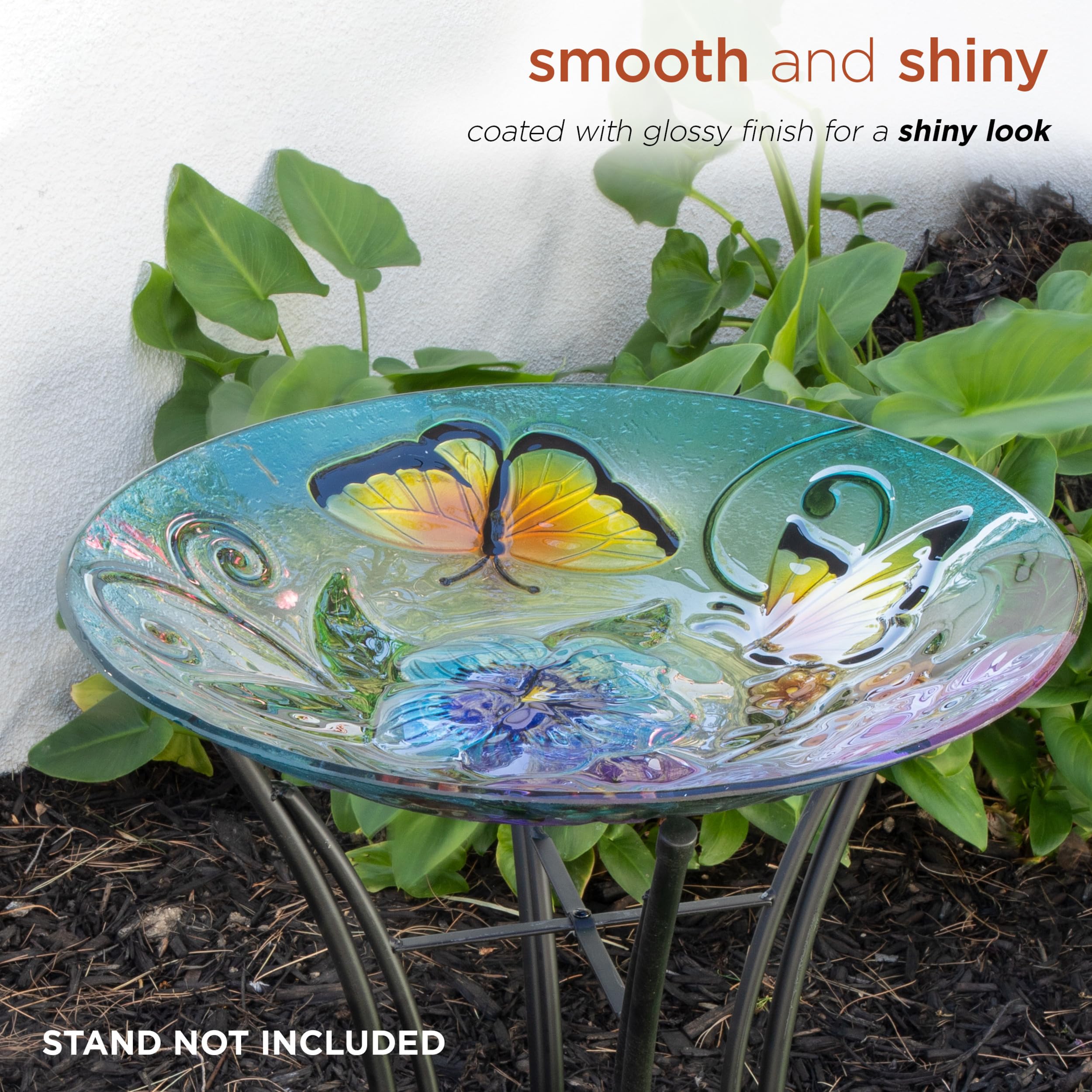 Alpine Corporation 18" Glass Birdbath Topper with Colorful Butterfly and Flowers