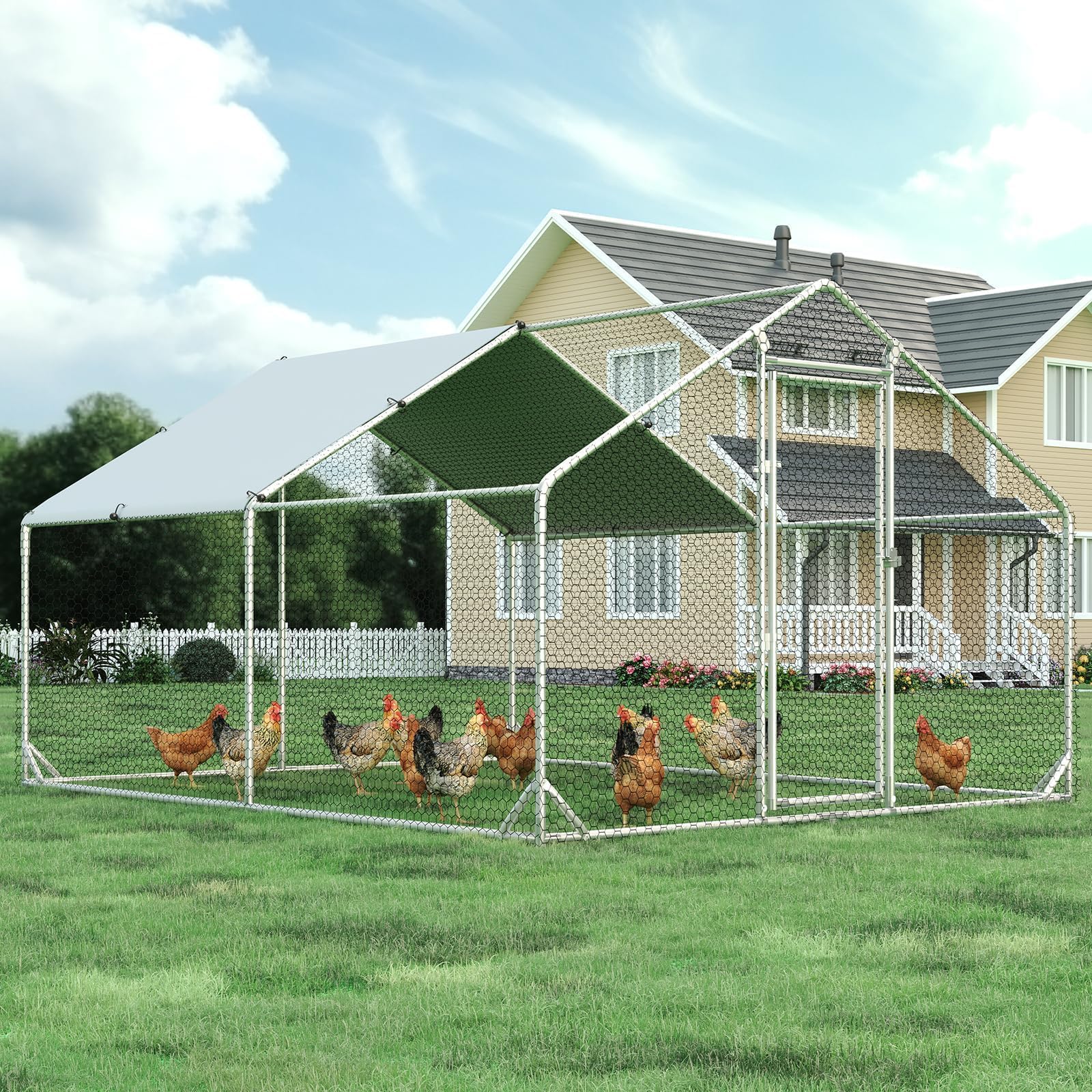 4ever2buy Metal Chicken Coop, 10x13 FT Walk-in Chicken Run Pen Poultry Cage, Water-Resistant & Anti-UV Cover, Large Chicken Coop for 12-15 Chickens