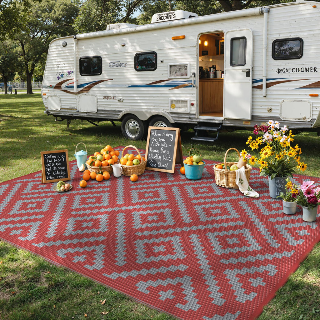 GENIMO Outdoor Rug, Waterproof Plastic Rugs for Patio, 9'x12' Red Grey