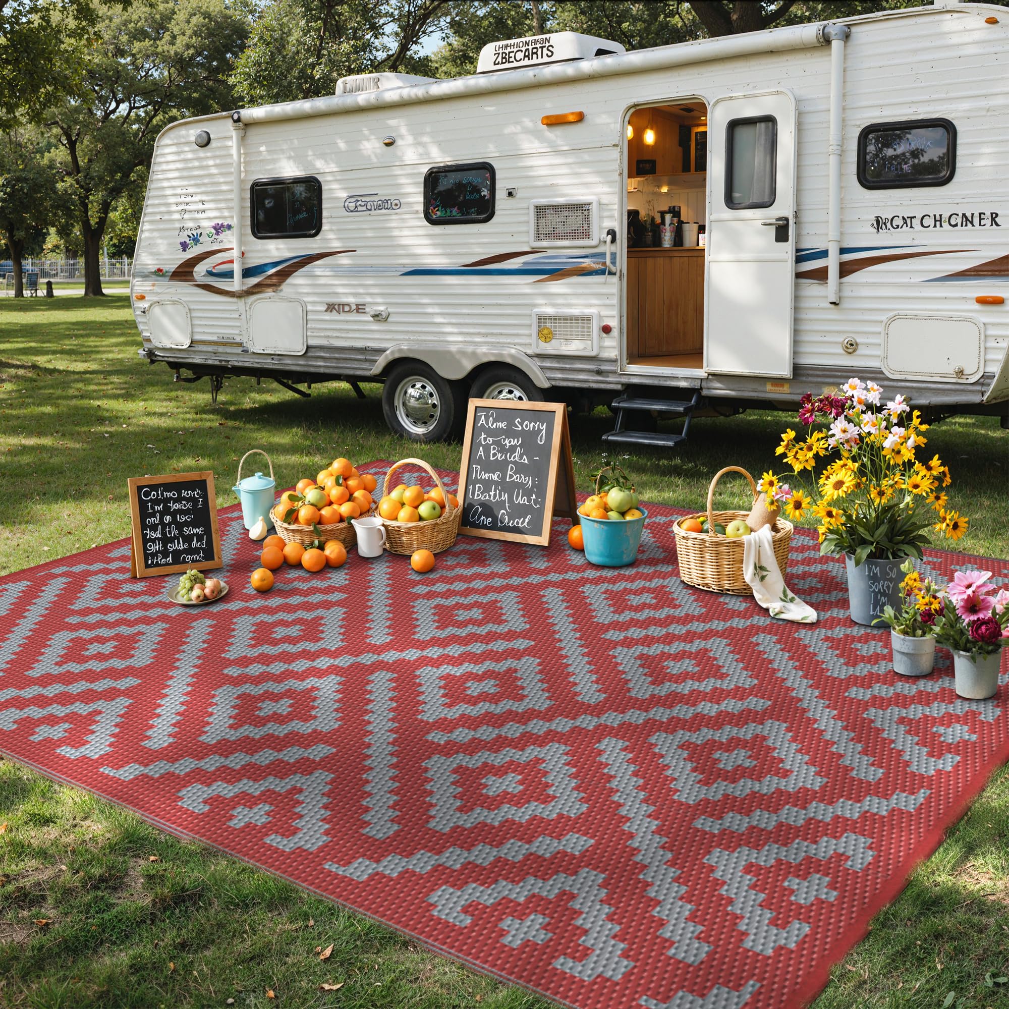 GENIMO Outdoor Rug, Waterproof Plastic Rugs for Patio, 9'x12' Red Grey