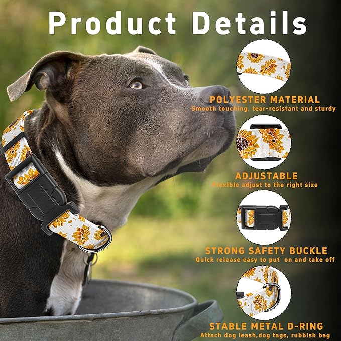 Dog Collar, Floral Boys Girls Puppy Collar for Small Medium Large Dogs, Adjustable Soft Pet Collar with Safety Buckle for Male Females (White Sunflower, M)