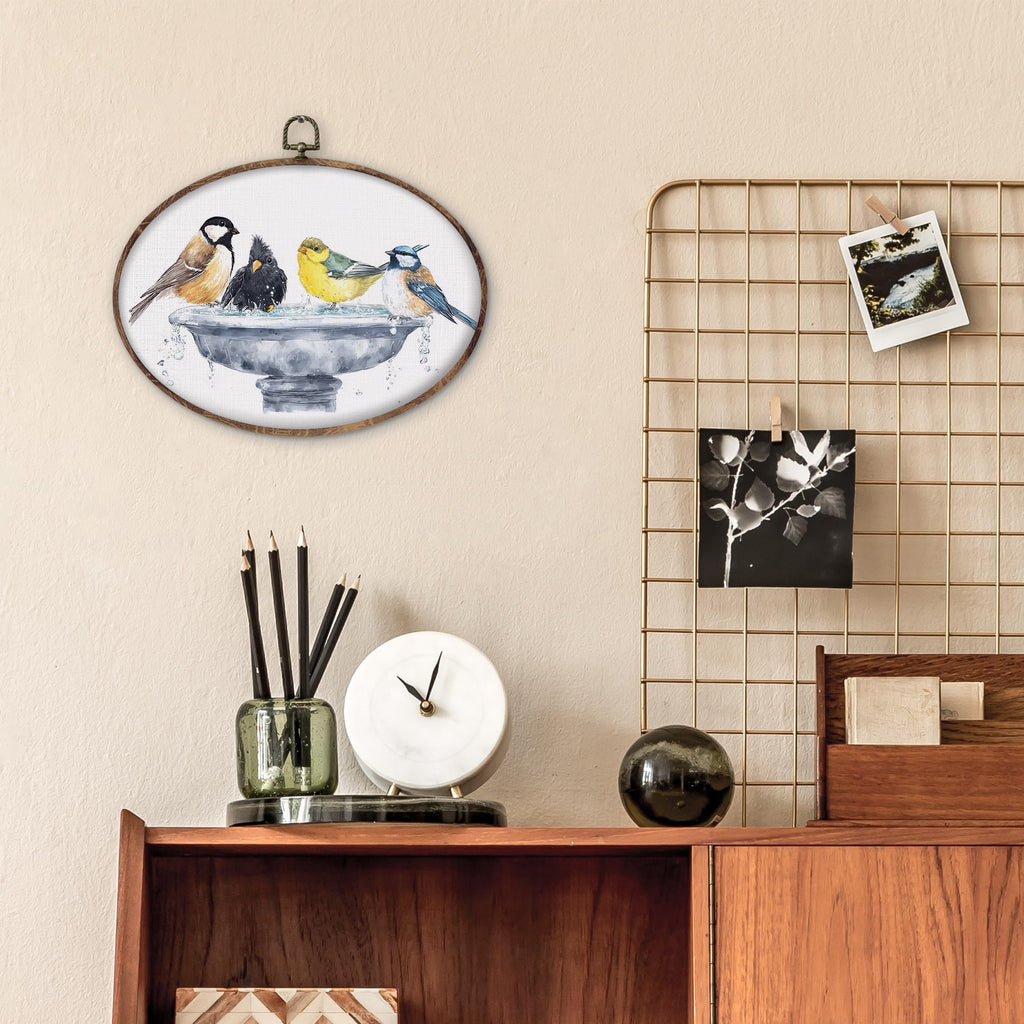 DILSJ Bird Oval Wall Art Decor, Country Bird Bath Canvas Wall Art Framed, Rustic Watercolor Birds Hanging Decorations for Bathroom Washroom Restroom Toilet, 8.5x11 Inch