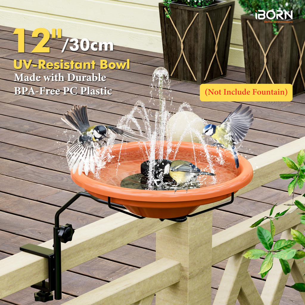 iBorn Bird Bath for Outside,Deck Mounted Bird Bath 12in，Birds Baths for Outdoors with Adjustable Clamp 3.2in，BPA-Free Bowl，360°Swivel & Adjustable Height Bracket，Detachable Birds Baths, Pack of 1