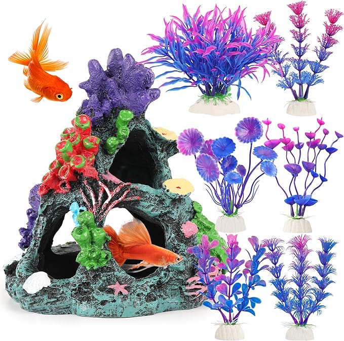 MyLifeUNIT Fish Tank Decorations, 7 Pieces Aquarium Plants Set with Coral Reef Decoration Mountain Cave Ornament for Betta, Goldfish, Shrimp to Breed
