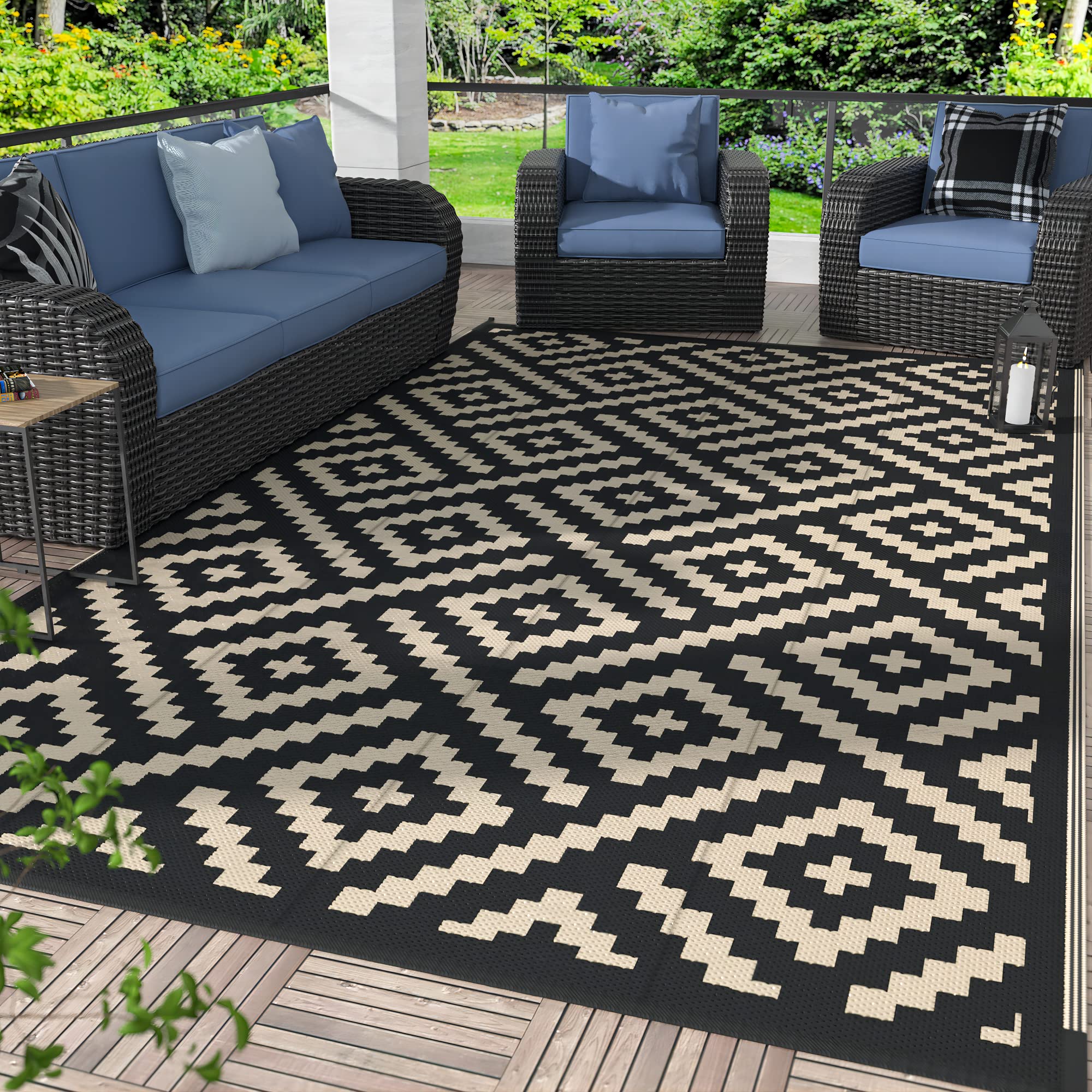 GENIMO Outdoor Rug, Waterproof Plastic Rugs 9'x12' for Camping Black Beige