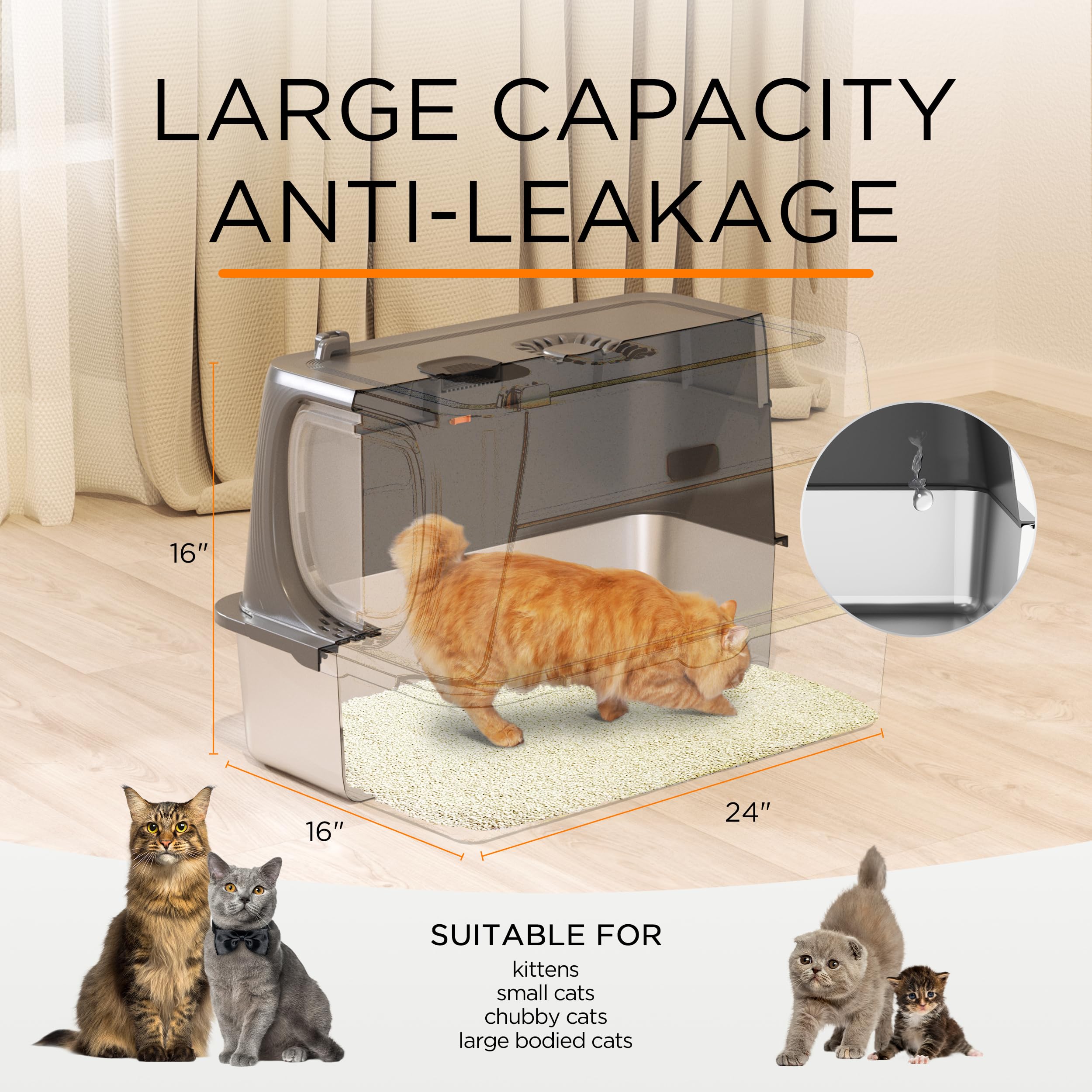 Anywish Stainless Steel Cat Litter Box with Lid, XL Extra Large Enclosed Removable Metal Litter Box with Litter Scoop&Double Layer Litter Mat, Non-Sticky, Non-Odor, for Big Cats Dark Grey
