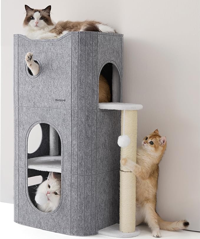 Bedsure 3-Level Cat Tree for Indoor Cats with Scratching Post,Grey