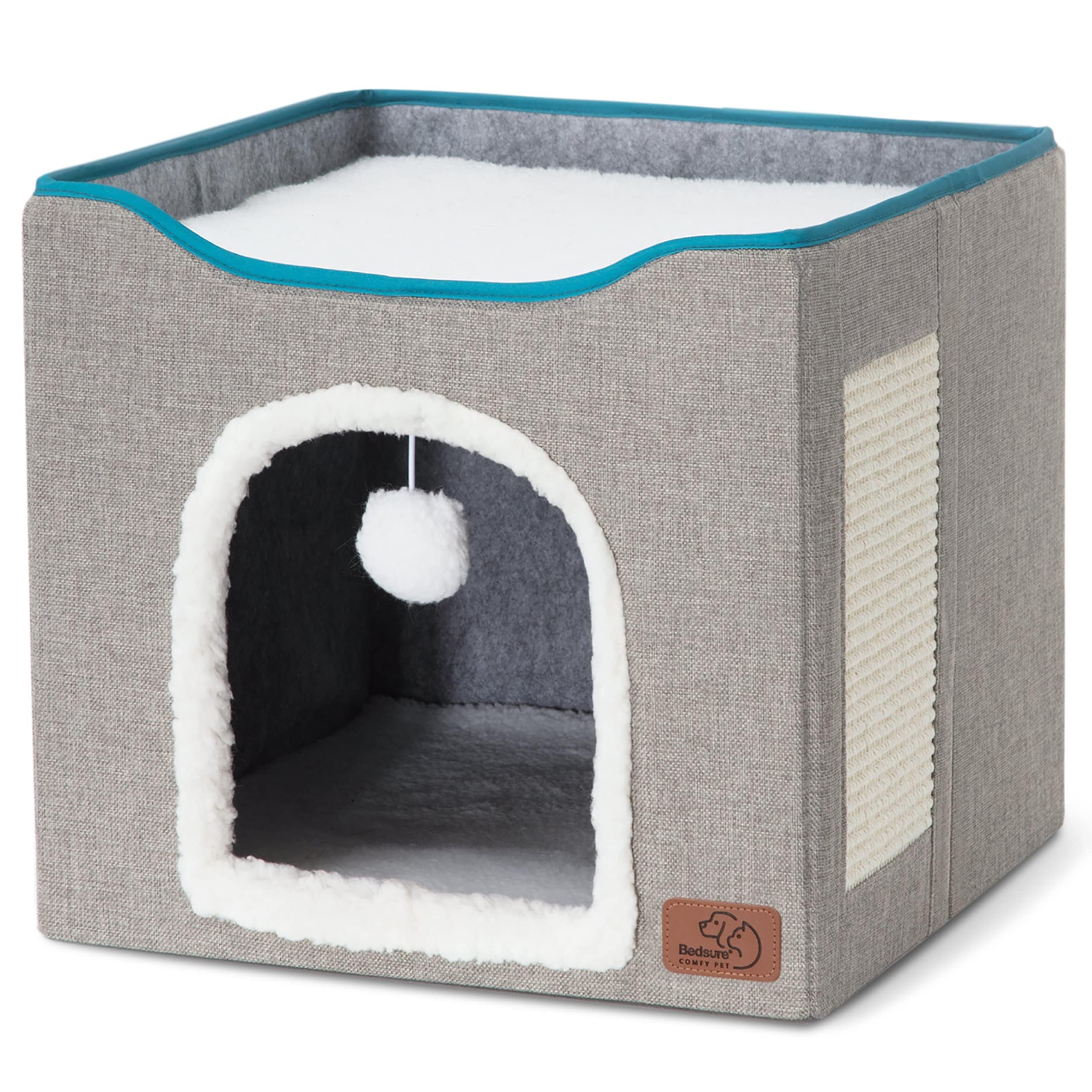 Bedsure Cat House Bed for Indoor Cats with Fluffy Ball and Scratch Pad,Grey