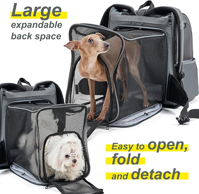 Expandable Pet Carrier, Airline-Approved Foldable and Detachable Backpack, Fits 13lbs Cat&11lbs Small Puppy Dog, for Car Travel,Camping and Emergency Transportation and Shelter (Grey)