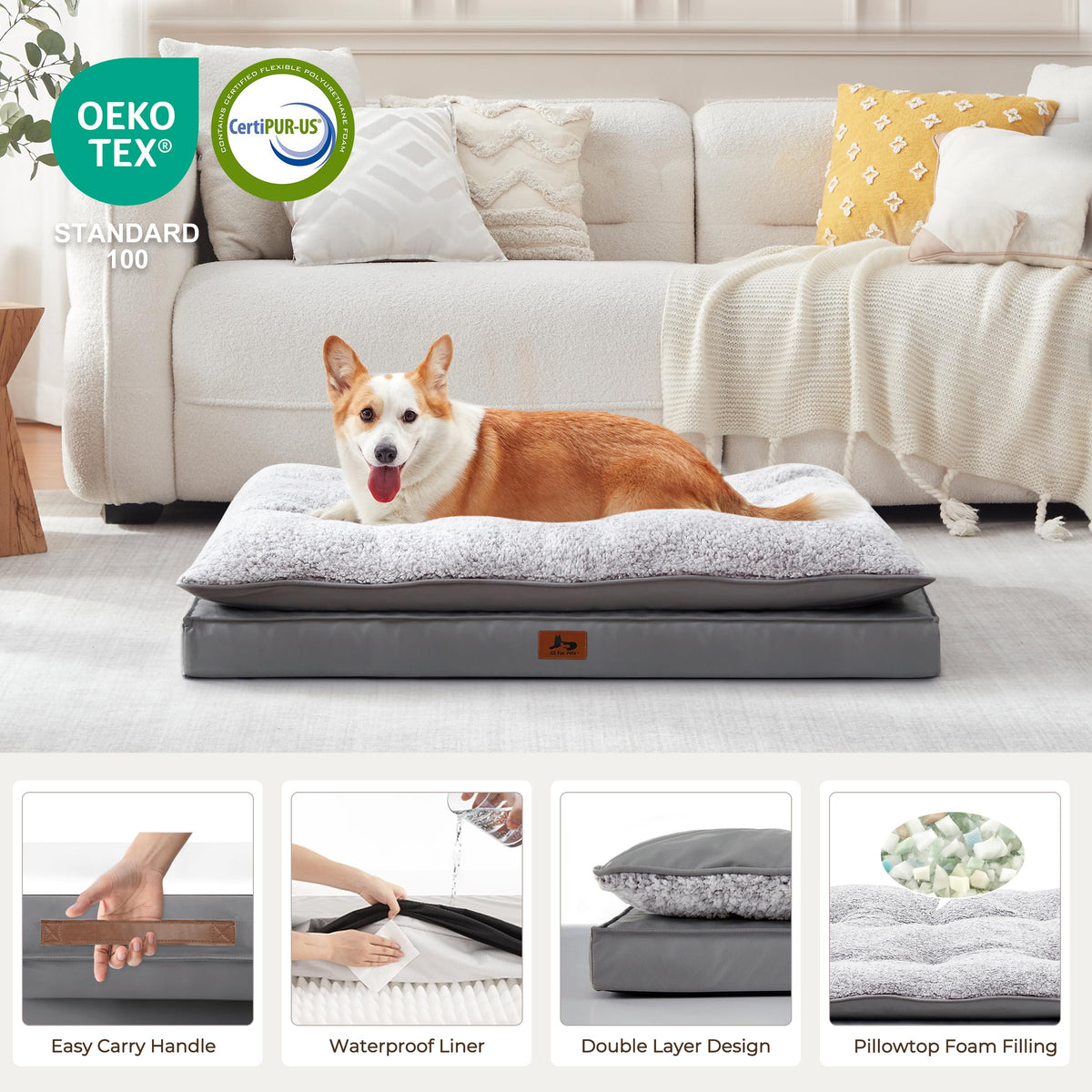 Warmrest 2-Pack Cooling Dog Bed Medium Size Dogs, Waterproof Orthopedic Dog Mattress for Large Dogs, Washable Dog Crate Bed with Removable Cover, Dark Grey