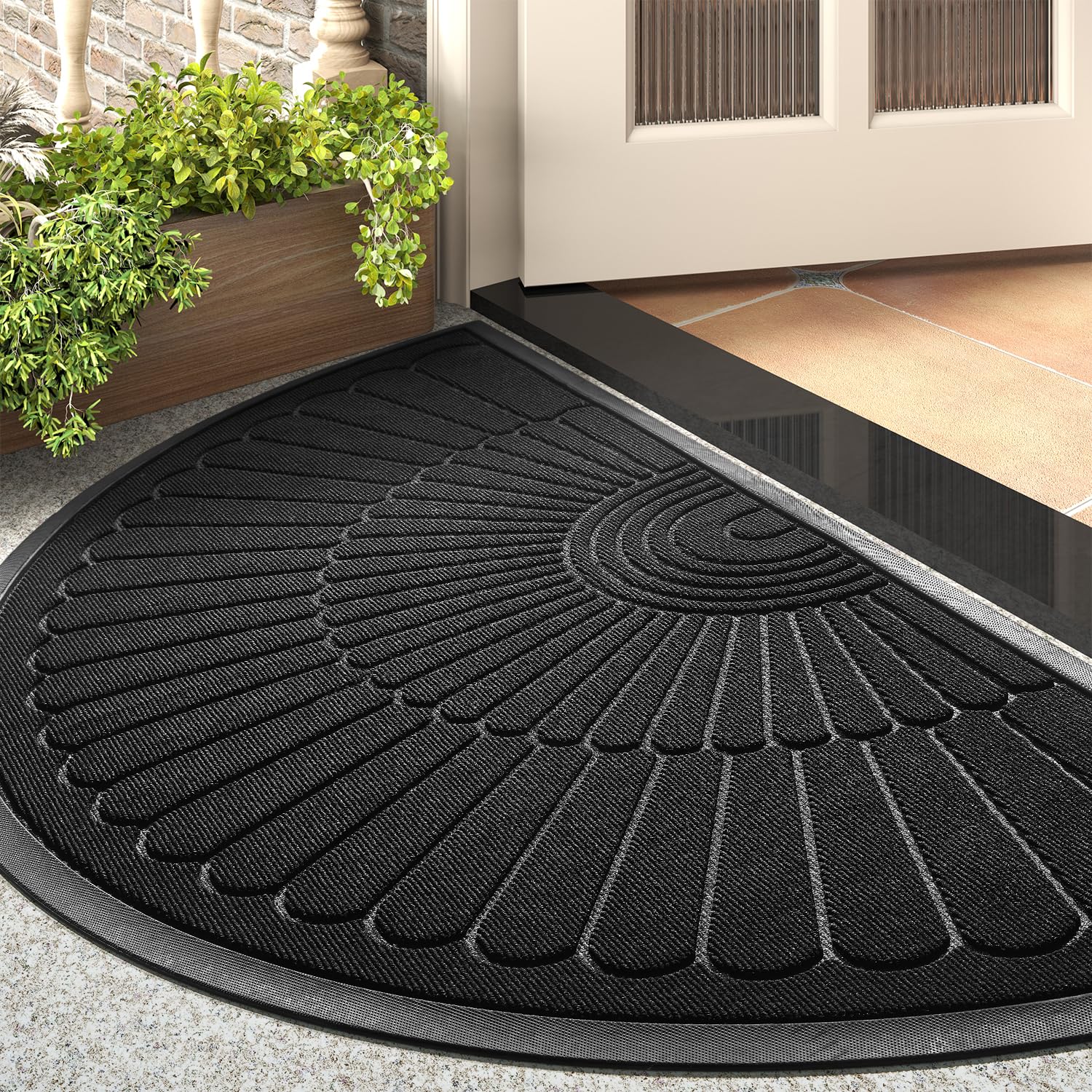 tchdio Door Mat Outdoor Indoor Entrance Doormat-Semicircular Durable Rubber Non Slip Front Door Mat for Outside Inside Entry Entryway Dirt Trapper WelcomeMat for Muddy Paws and Shoes-Black 24”x47”