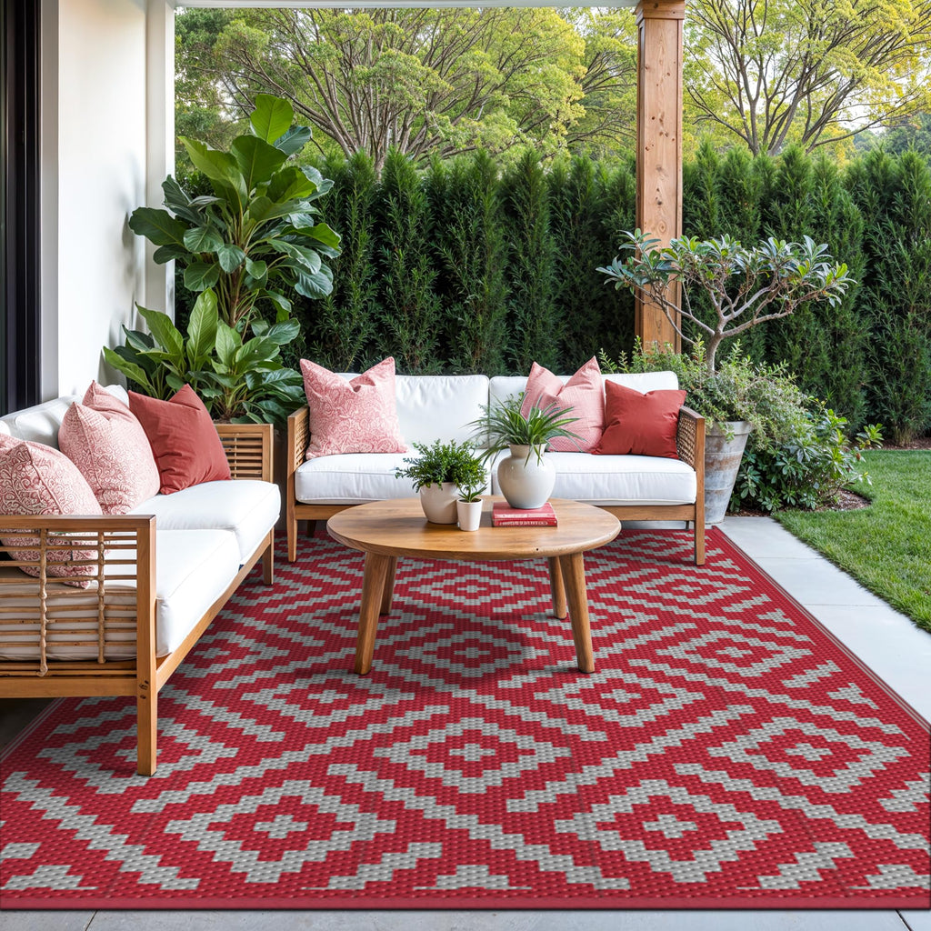 GENIMO Outdoor Rug, Waterproof Plastic Rugs for Patio, 9'x12' Red Grey