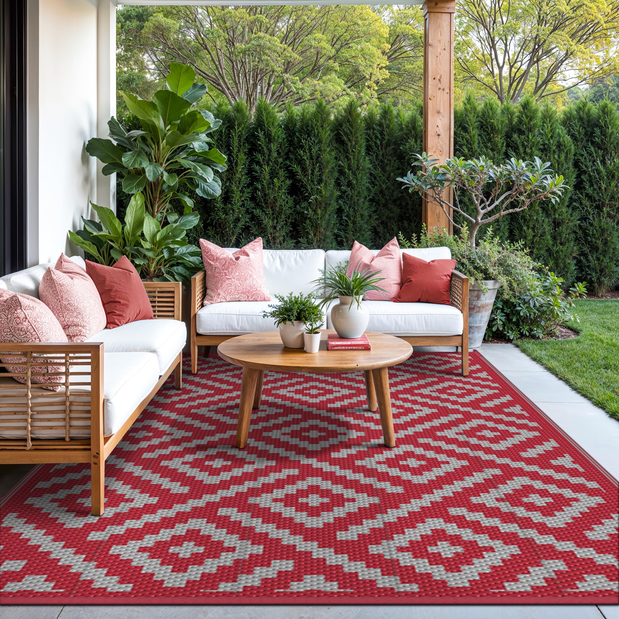 GENIMO Outdoor Rug, Waterproof Plastic Rugs for Patio, 9'x12' Red Grey