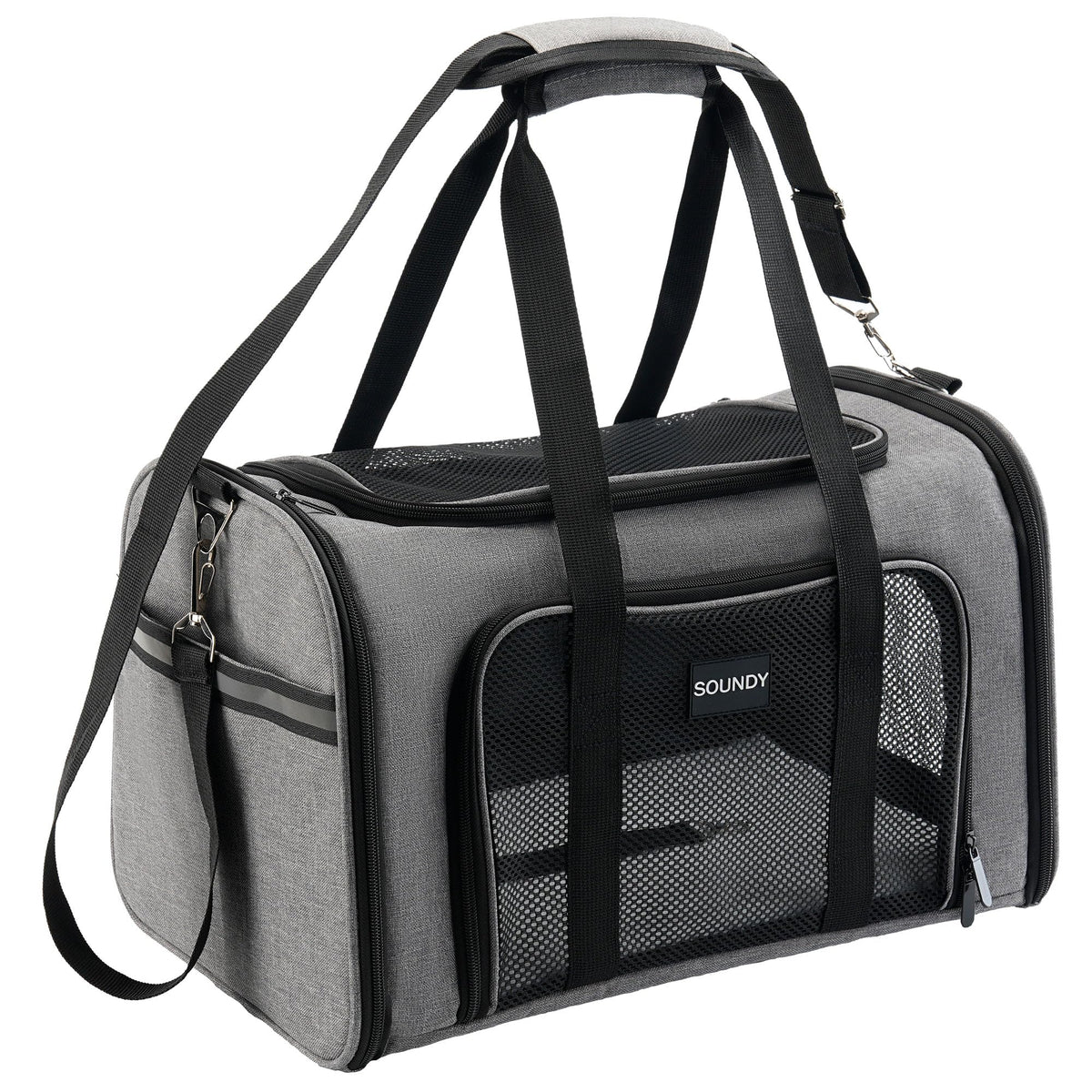 Soundy Large Cat Carrier Dog Carrier Under 25 Lbs,Collapsible Ventilated Portable Pet Bag with Soft Sided Breathable Mesh for Long Car Trips Maxi Load 2 Kittens or Small, Medium Dog (Large Grey)