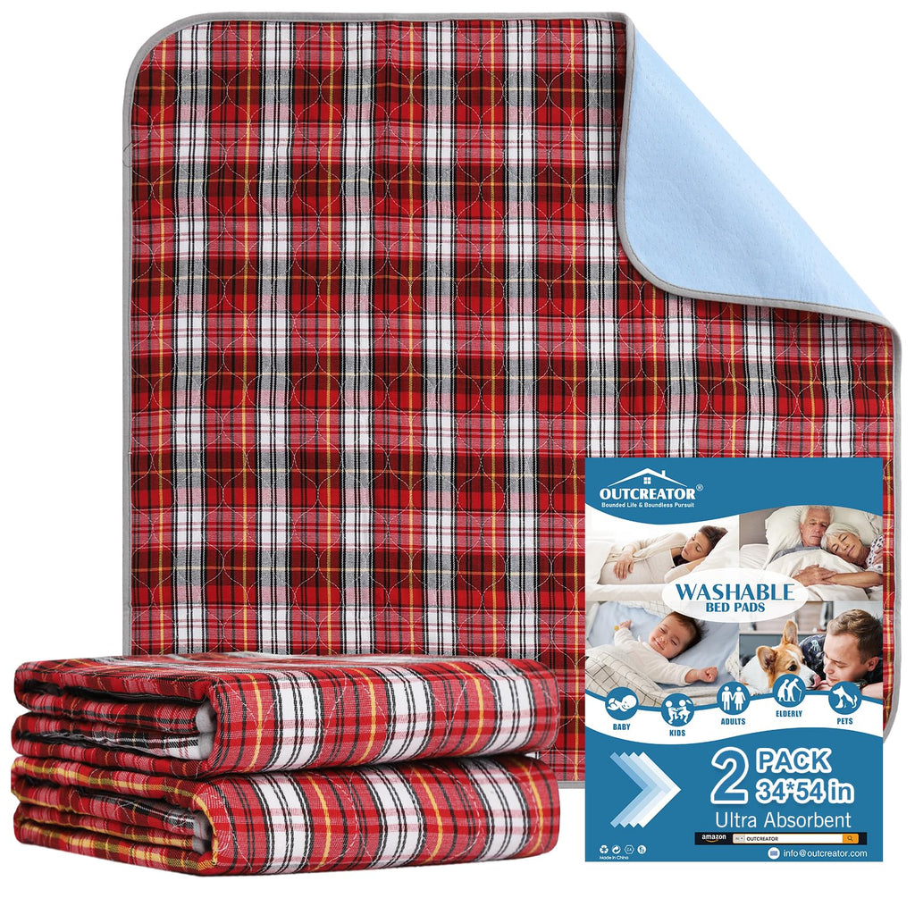 OUTCREATOR® Washable Bed Pads 34" x 54" (Pack of 2) for Incontinence Mattress Protector, Reusable Underpads for Elderly, Adults, Kids, Pets with Anti-Slip Bottom (Red Plaid)