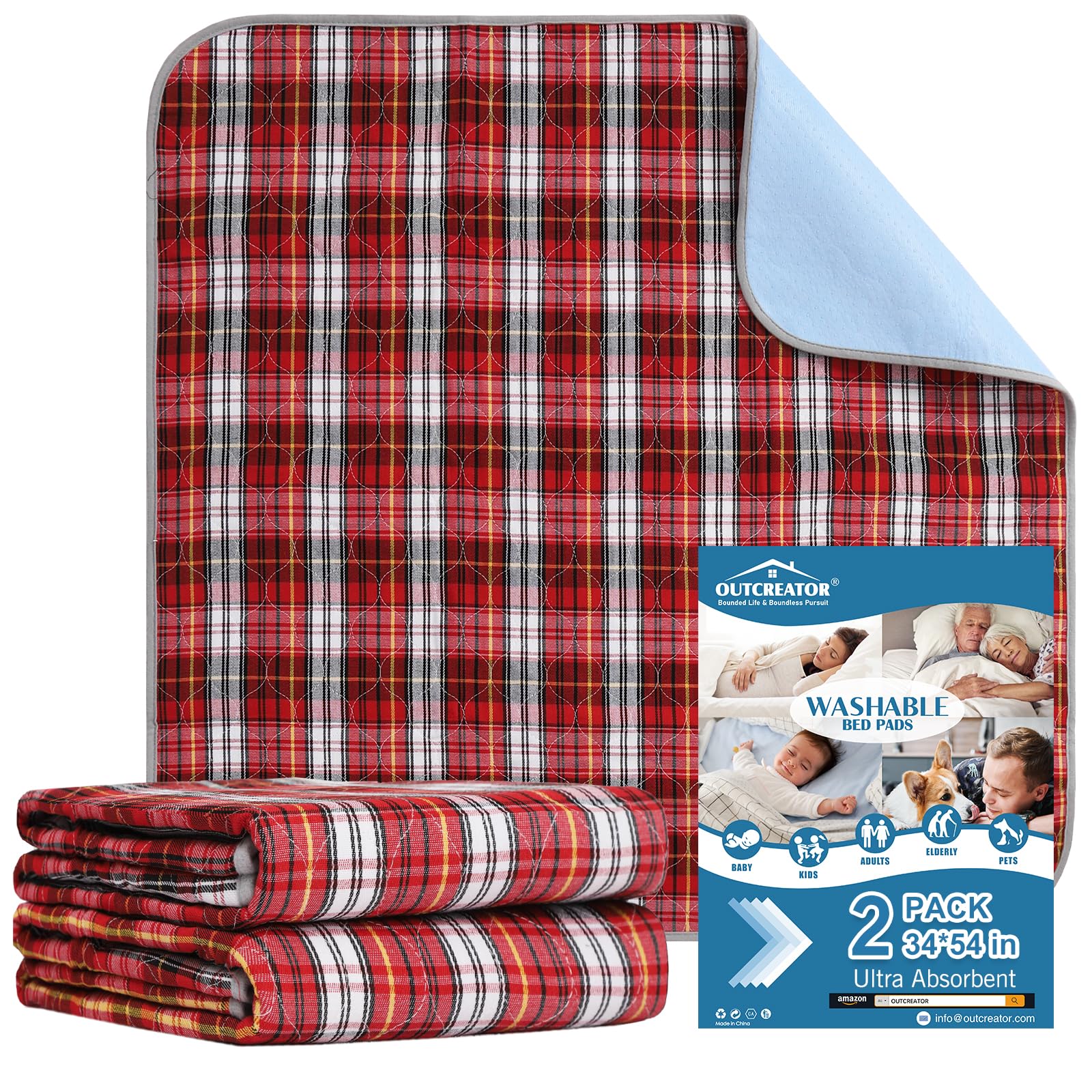 OUTCREATOR® Washable Bed Pads 34" x 54" (Pack of 2) for Incontinence Mattress Protector, Reusable Underpads for Elderly, Adults, Kids, Pets with Anti-Slip Bottom (Red Plaid)