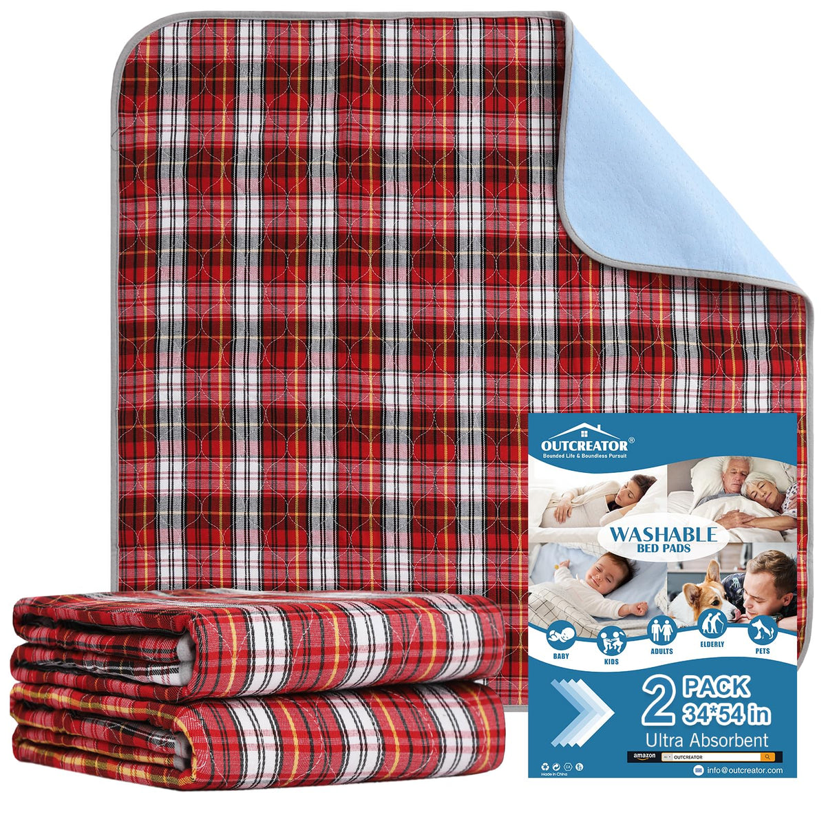 OUTCREATOR® Washable Bed Pads 34" x 56" (Pack of 2), Incontinence Mattress Protector, Anti-Slip Waterproof Underpads for Adults Kids Elderly Pets, Absorbency & Reusable Bedwetting Pads (Wave)
