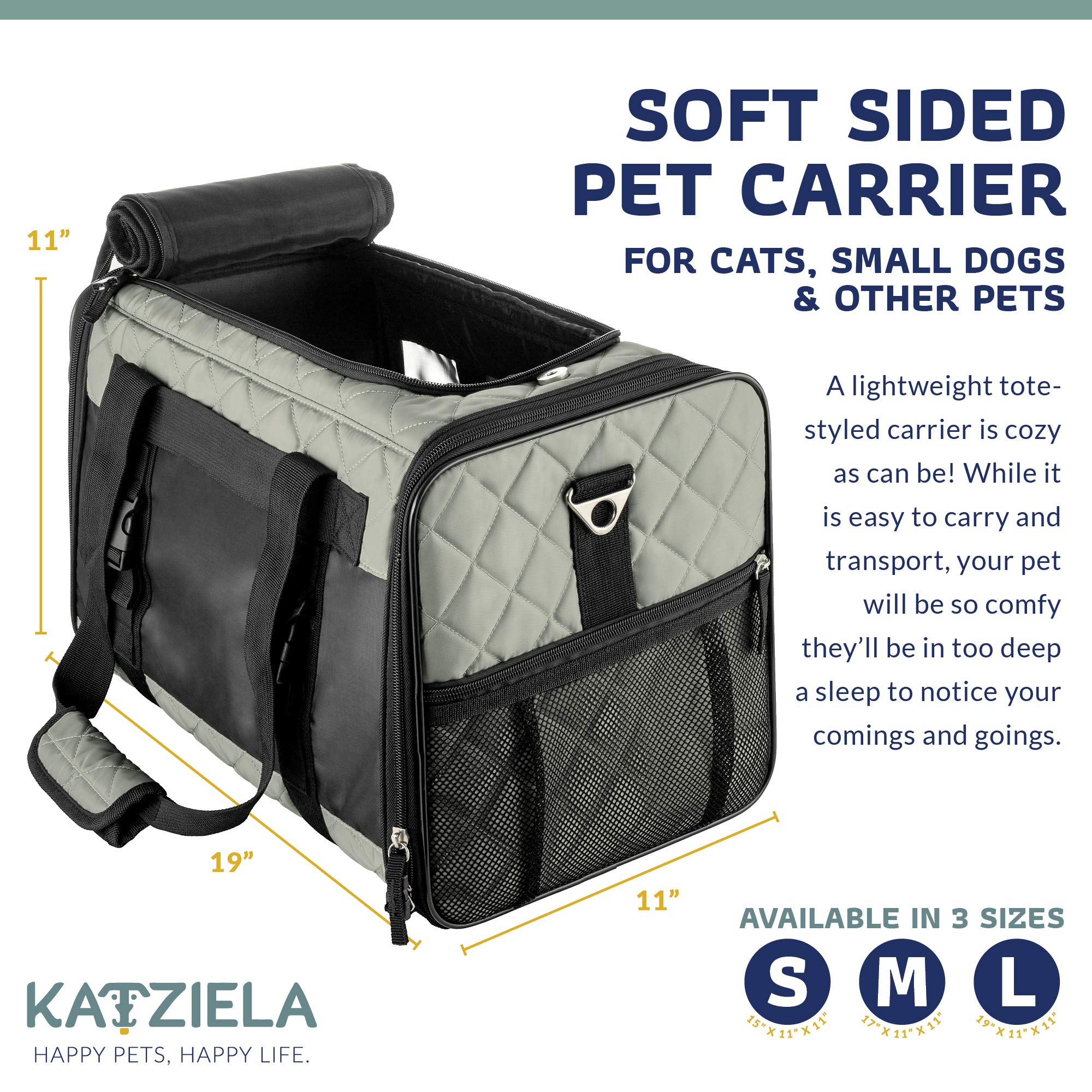 Deluxe Quilted Airline Approved Pet Dog & Cat Carrier for Airplane Travel - by Katziela (Large, Gray)
