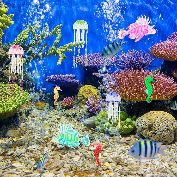 Patelai 8 Pcs Glow in The Dark Jellyfish Aquarium Decorations 8 Pcs Silicone Floating Fake Fish Tank Decor Set with Lionfish Seahorse Floating Aquarium Decor (Dreamy Color)
