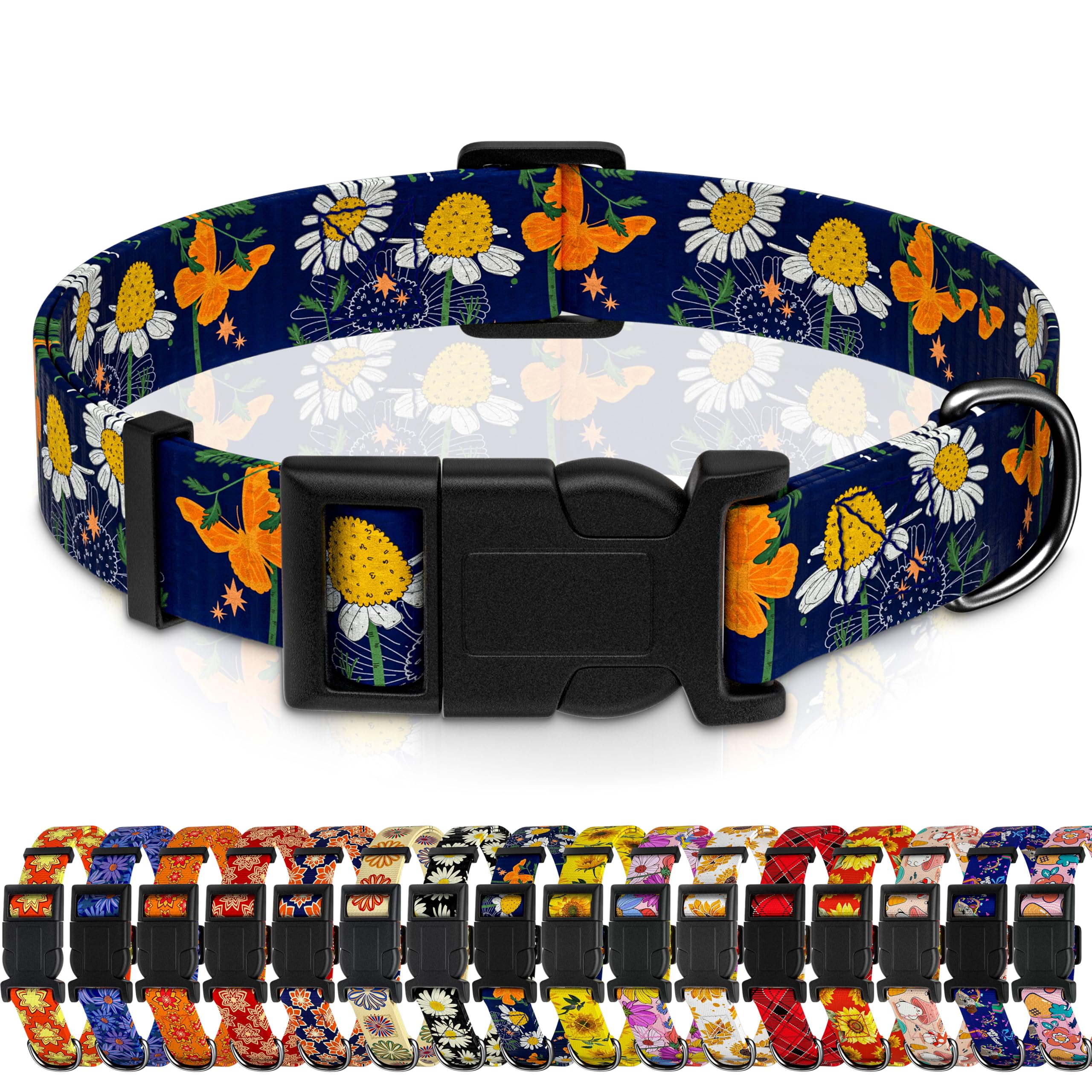 Seyezo Dog Collar with Butterflies Print, Daisy Boys Girls Puppy Collar for Small Medium Large Dogs, Adjustable Soft Floral Pet Collar with Safety Buckle for Male Females(Blue Butterfly,M)