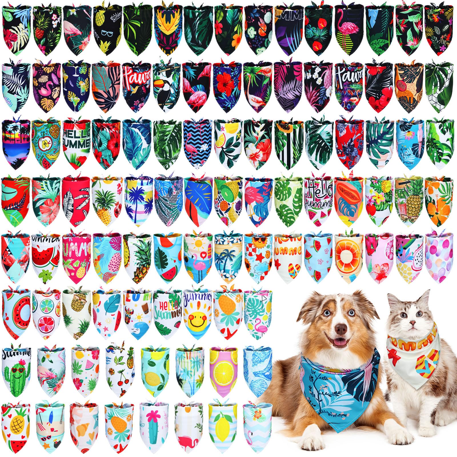 Huhumy 100 Pcs Hawaiian Dog Bandanas Bulk Pet Bibs Colorful Triangle Scarf Pet Bandanas for Medium Large Dogs Hawaiian Summer Luau Party Birthday Costume Decor