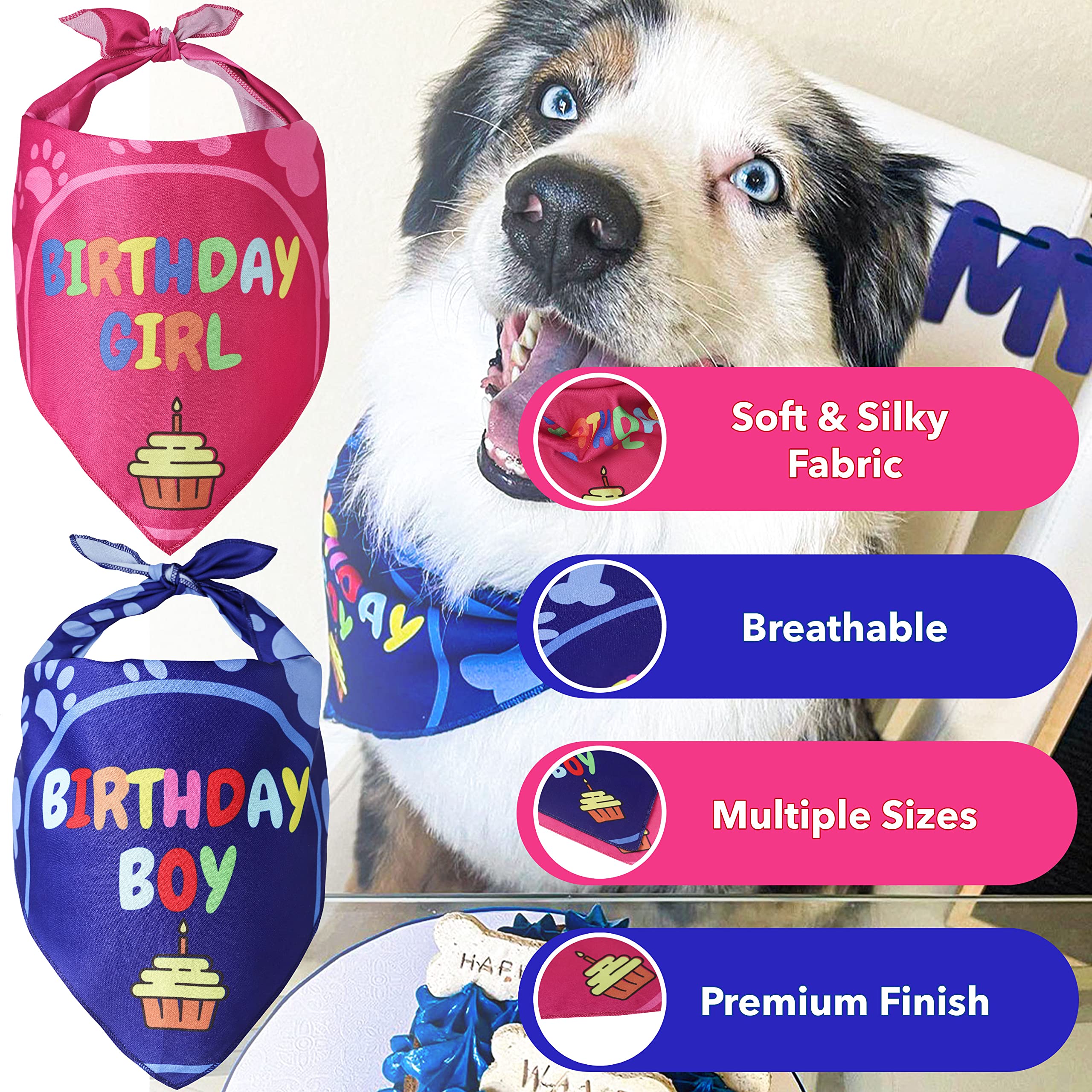 Odi Style Dog Birthday Bandana - 2 Pack Boy Girl Bandanas for Dogs Puppy Birthday Party Decorations, Small