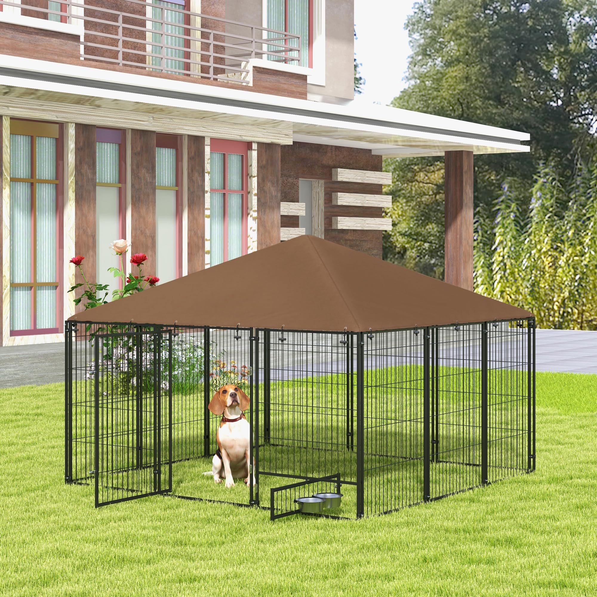 PawHut Outside Dog Kennel, 7' x 7' x 5' Puppy Play Pen with Canopy, Garden Playpen Fence Crate Enclosure Cage Rotating Bowl, for Dogs, Chickens, Ducks, Black