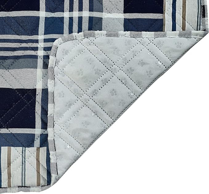 Brilliant Sunshine Quilted Calming Dog Bed Mat, Removable Washable Cover, Cushion Protector and Couch Covers for Dogs, Pets, Cats, Extra Large, Blue Plaids and Stripes Patchwork