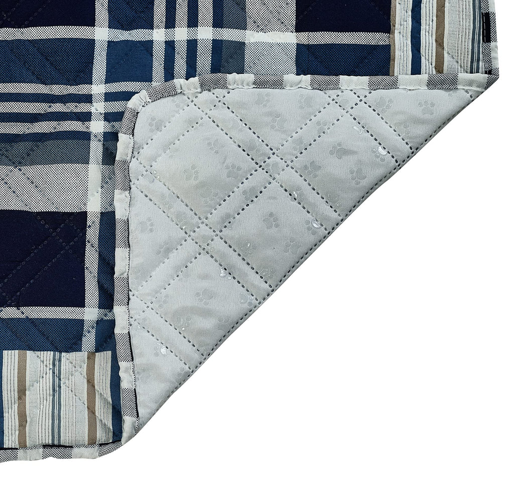 Brilliant Sunshine Blue Plaids and Stripes Patchwork Pet Sofa Bed, Quilted, Slip Resistant, Washable Couch Protector with Removable Bolster Cushions, Furniture Cover for Pets, Dogs, Cats, Medium, Blue