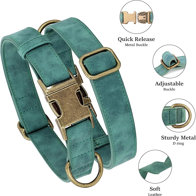 Didog Soft PU Leather Dog Collar, Stylish Quick Released Dog Collars for Medium Dogs, Easy Clean Adjustable Pet Collar for Daily Walking, Green, M Fit 14-18" Neck