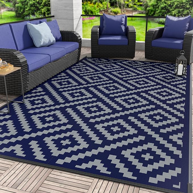 GENIMO Outdoor Rug for Patio Clearance, 6'x9' Waterproof Camping Mat, Reversible Plastic Straw Rugs for RV, Camper, Balcony, Backyard, Picnic, Deck (Blue & Grey)