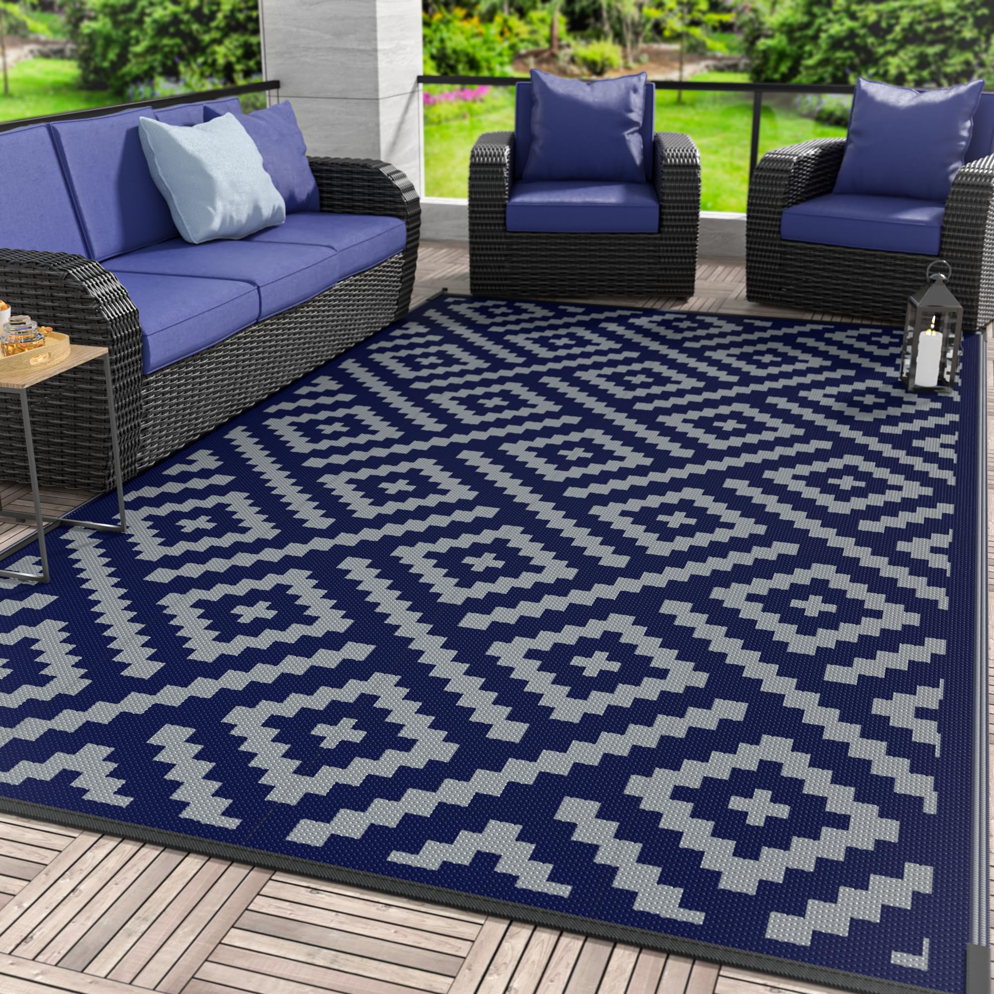 GENIMO Outdoor Rug, Waterproof Plastic Rugs for Patio, 6'x9' Blue Grey