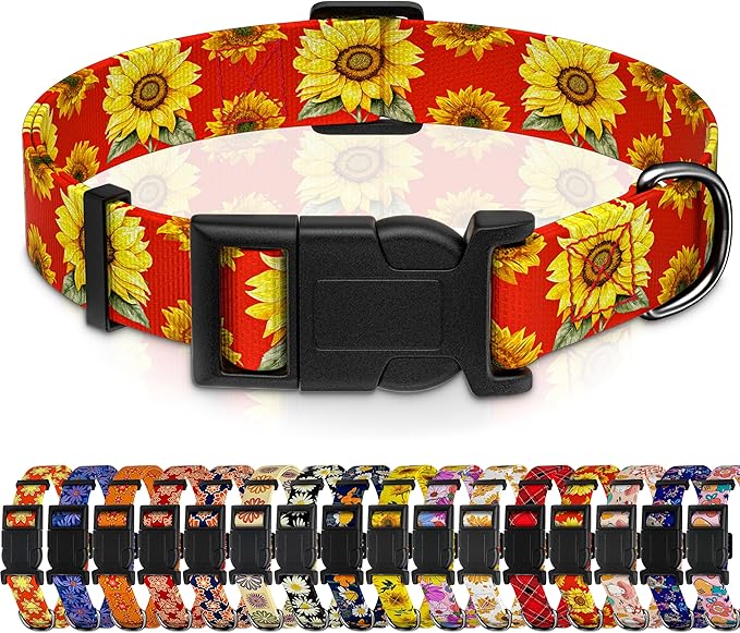 Seyezo Dog Collar, Floral Boys Girls Puppy Collar for Small Medium Large Dogs, Adjustable Soft Pet Collar with Safety Buckle for Male Females (Red Sunflower, L)