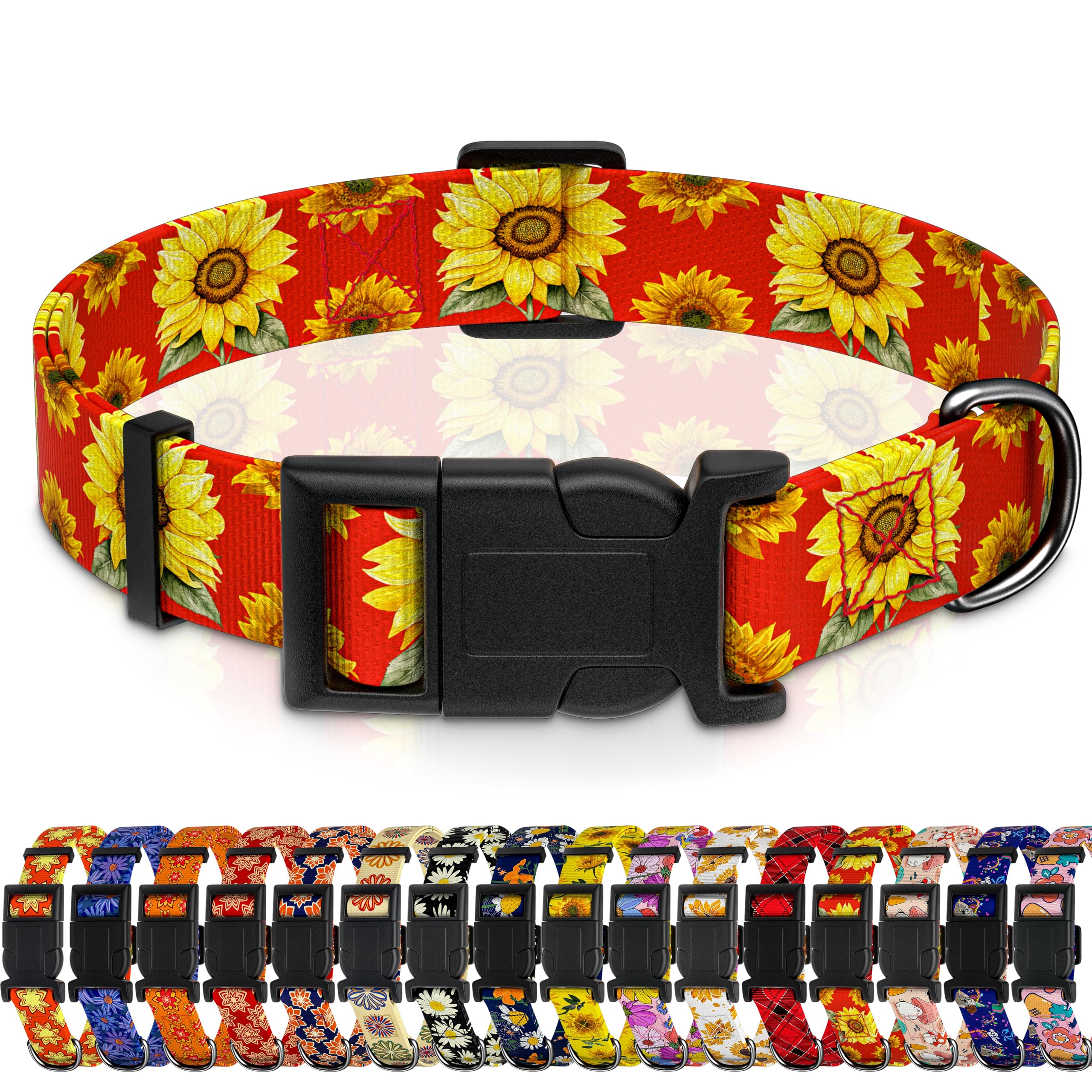 Seyezo Dog Collar, Floral Boys Girls Puppy Collar for Small Medium Large Dogs, Adjustable Soft Pet Collar with Safety Buckle for Male Females (Red Sunflower, XL)