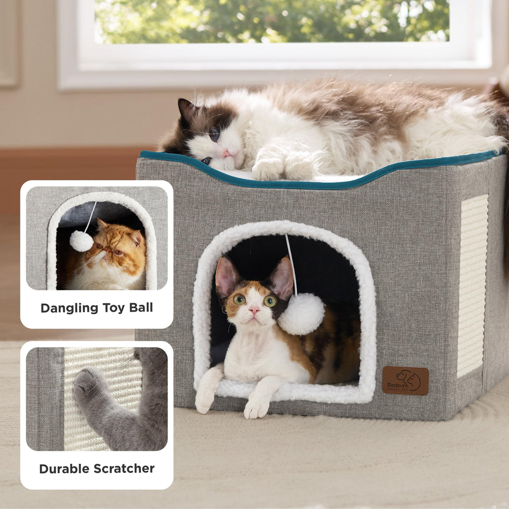 Bedsure Cat House Bed for Indoor Cats with Fluffy Ball and Scratch Pad,Grey