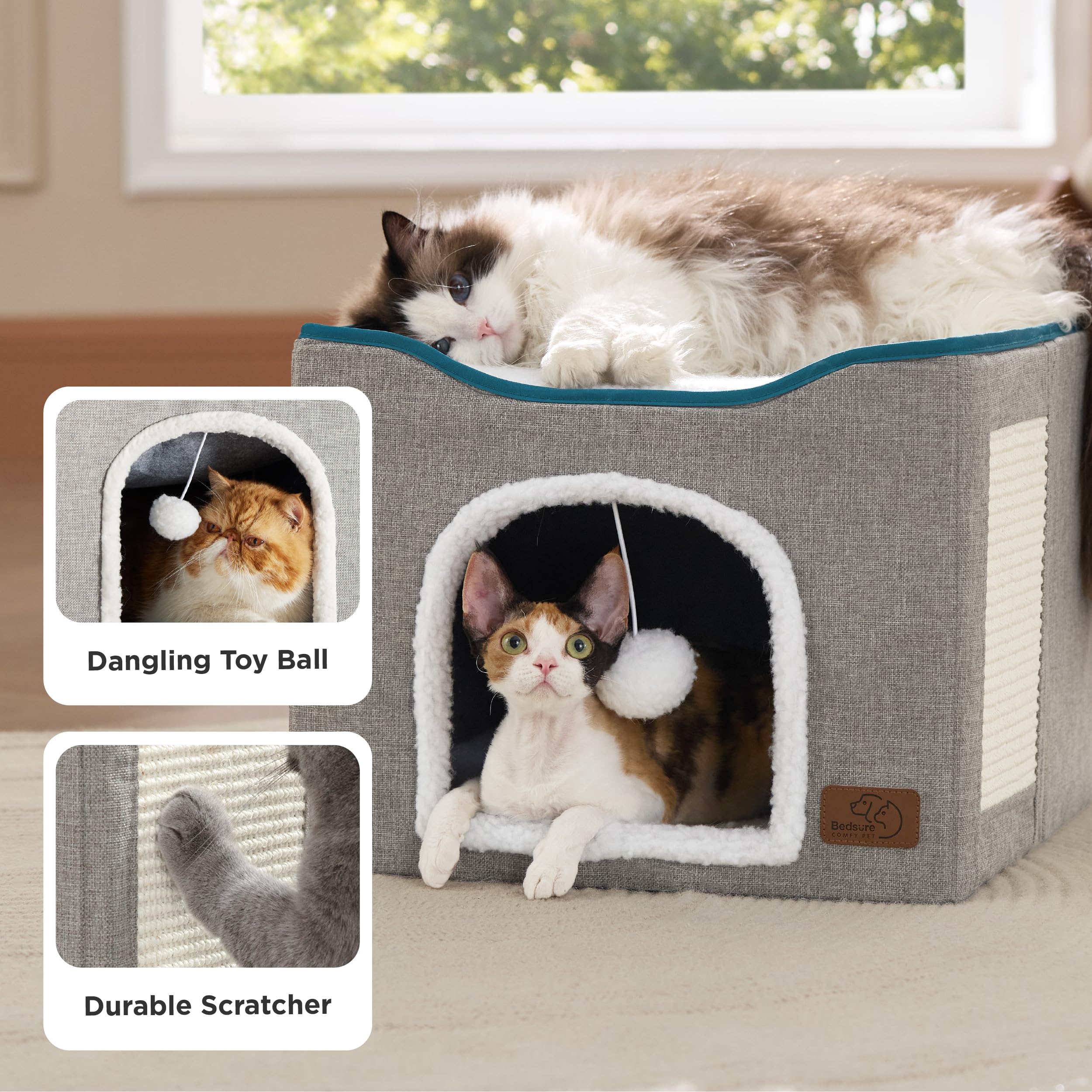 Bedsure Cat House Bed for Indoor Cats with Fluffy Ball and Scratch Pad,Grey