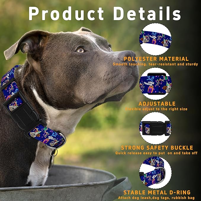Seyezo Dog Collar, Classical Birthday Gift Boys Girls Puppy Collar for Small Medium Large Dogs, Adjustable Soft Pet Collar with Safety Buckle for Male Females(Purple Birthday, XL)