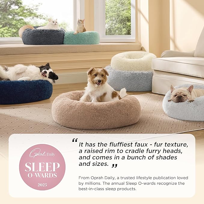 Bedsure Calming Dog Bed for Medium Dogs - Donut Washable Medium Pet Bed, 30 inches Anti-Slip Round Fluffy Plush Faux Fur Cat Bed, Fits up to 45 lbs Pets, Dark Grey